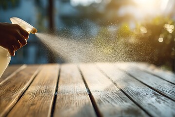 A hand sprays a fine mist of water from a bottle onto a rustic wooden table, illuminated by warm sunlight.