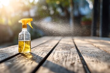 A clear spray bottle with yellow liquid and cap, actively misting water over a rustic wooden table in bright sunlight, creating a refreshing outdoor scene.
