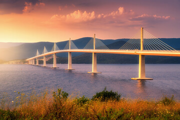 Obraz premium Modern Peljesac bridge and blue sea at colorful sunset in summer in Croatia. Beautiful Peljeski bridge during golden hour, mountains, reflection in water and orange sky with clouds. Architecture