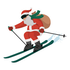 Happy Santa Claus skiing and carrying gifts