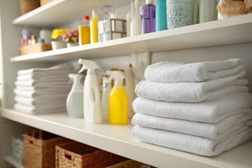 A perfectly organized laundry room or linen closet with stacks of fresh white towels and various cleaning supplies on bright shelves.