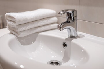 A pristine white ceramic washbasin with a gleaming chrome faucet and a stack of fresh, fluffy towels, embodying modern bathroom hygiene.