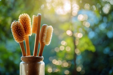 Eco-friendly bamboo toothbrushes and natural cleaning brushes in a glass jar, bathed in warm sunlight with a serene green bokeh background.