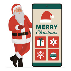 Happy Santa Claus pointing at a big smartphone