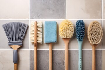 A neat flat lay arrangement of various cleaning brushes with wooden and plastic handles on a tiled background, ready for household chores.