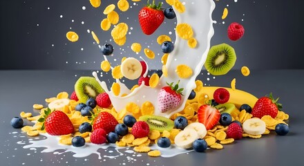 corn flex breakfast cereals, fruits ( berries kiwi banana ) and milk splash on dark gray background healthy food colorful