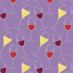 Goblets with White Red and Rose Wine Seamless Pattern on Trendy Lilac Backdrop Wine Day Background
