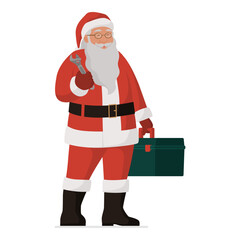Cheerful worker Santa Claus holding a tool and a toolbox