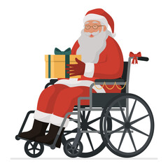 Santa Claus on wheelchair holding a Christmas gift