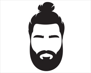 Male face silhouette with full beard and man bun hairstyle vector illustration, hipster style design template for fashion, grooming, barber shop, logo, icon, masculinity, modern trends, and identity c