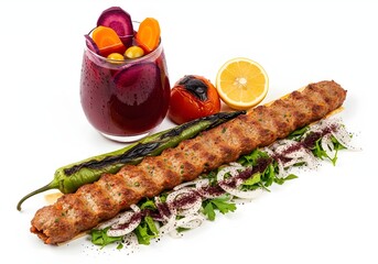 kebab adana kebap urfa turkish food, grilled beef minced meat with vegetables and salgam suyu, on white background