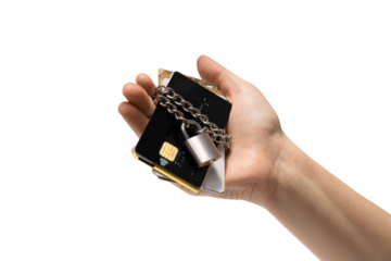 Hand holding credit cards chained with a lock. The concept of blocked bank accounts, bankruptcy, transaction stoppage, sanctions