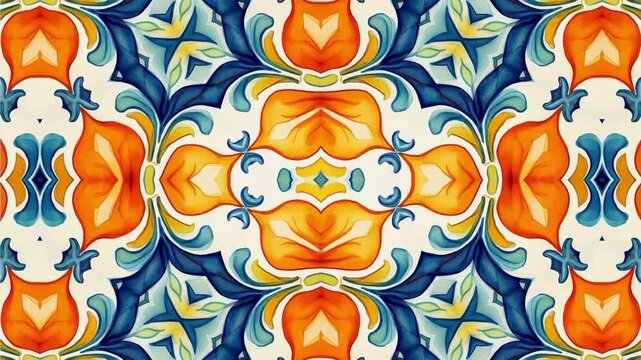 4K Mediterranean Floral Tile Loop | Orange Petal and Blue Ornamental Animation