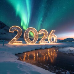 Illuminated numbers 2026 on snow with northern lights in the background. A serene winter landscape with reflections in the water.