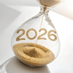 A clear hourglass with golden sand, displaying the year 2026. The sand is slowly flowing from the upper chamber to the lower chamber.