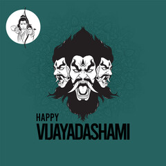Happy Vijayadashami greeting card featuring a fearsome close-up illustration of Ravana's three heads with open mouths and angry expressions, symbolizing the defeat of evil.