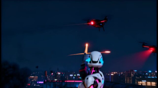 A futuristic android armed with a heavy weapon battles enemy drones over a burning rooftop at night, firing at them against the city lights