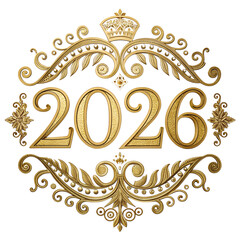 Elegant golden design featuring the year 2026 with ornate flourishes and a crown on a black background.