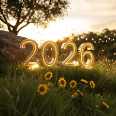 Illuminated numbers 2026 in a grassy field with sunflowers, surrounded by a natural landscape at sunset.