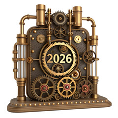 A steampunk-style clock with gears and pipes, featuring the year 2026 prominently displayed. The design is intricate and metallic, showcasing a vintage aesthetic.