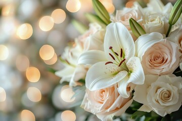 Obraz premium Close-up of a charming bouquet with white lilies and light pink roses, illuminated by warm, ethereal bokeh lights.