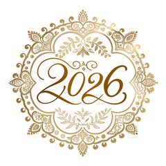 Elegant golden design featuring the year 2026 surrounded by intricate floral patterns on a black background. Suitable for celebrations and events.