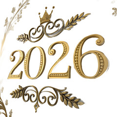 Golden 2026 text with decorative elements and a crown on a black background. Ideal for New Year celebrations and festive designs.