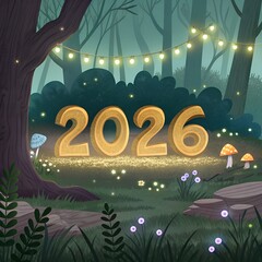 A whimsical forest scene featuring the year 2026 in large golden numbers. Soft lighting from string lights creates a magical atmosphere with mushrooms and flowers.