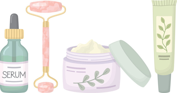 Set of skincare essentials isolated on white background. Cosmetic serum bottle, face cream, eye cream tube and a rose quartz facial roller. 