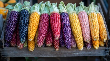 Multicolored corn cobs on wooden crate