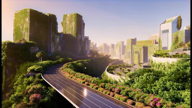 A black car drives on an elevated futuristic highway among tall modern buildings that gradually transform into a green eco-city with flowers and plants covering the architecture and roadsides