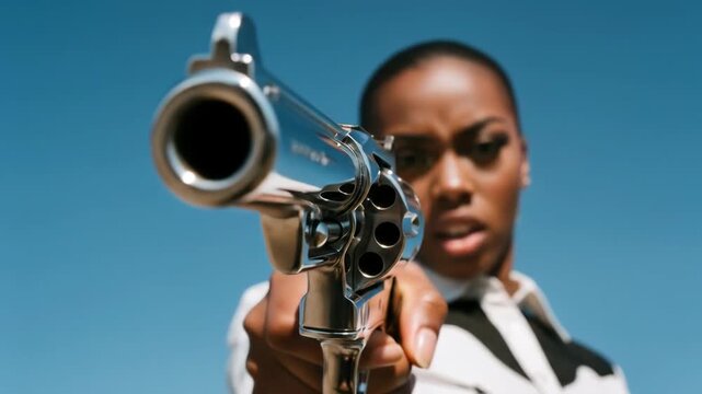 intense young african american woman with vibrant makeup aims silver revolver directly at viewer. powerful, dangerous portrait against clear blue sky. femme fatale concept. with vintage fashion style