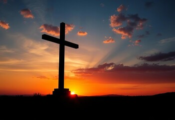 Silhouetted cross at sunset, serene landscape conveying peace and hope, sky, meditation