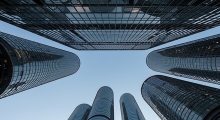 Skyscrapers viewed from below against a blue sky modern architecture