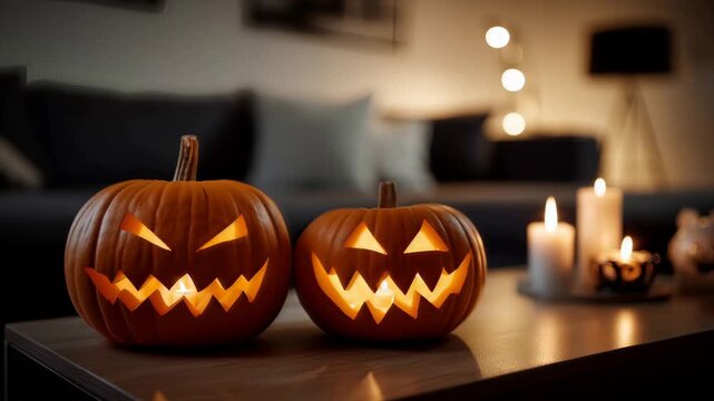 Halloween pumpkin lantern with flickering candle flame in the dark