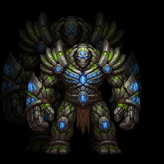 Obraz premium Stone Golem Warrior with Moss Rock Skin and Glowing Ancient Runes in Powerful Fantasy Vector