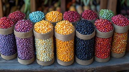 Colorful seeds displayed in cylindrical containers