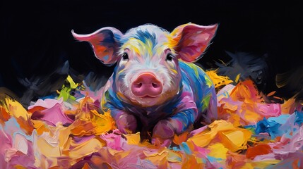 Pig neon oil paintings thick brushstrokes