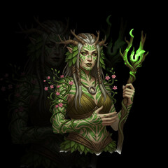 Fototapeta premium Forest Druid Character with Leaf Tattoos and Magical Vines Holding Energy Staff in Fantasy Vector