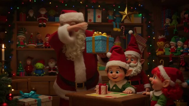 Santa and elves preparing gifts in a workshop