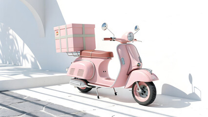 Charming Pink Scooter with Delivery Box Against a Bright White Backdrop
