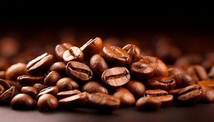 Brown Roasted Coffee Beans Closeup On Dark Background