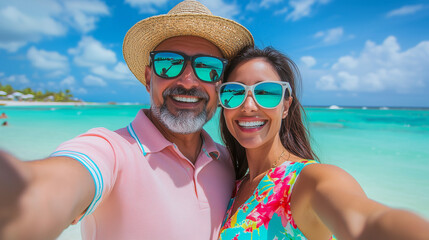 笑顔で楽しむシニア夫婦のビーチセルフィー