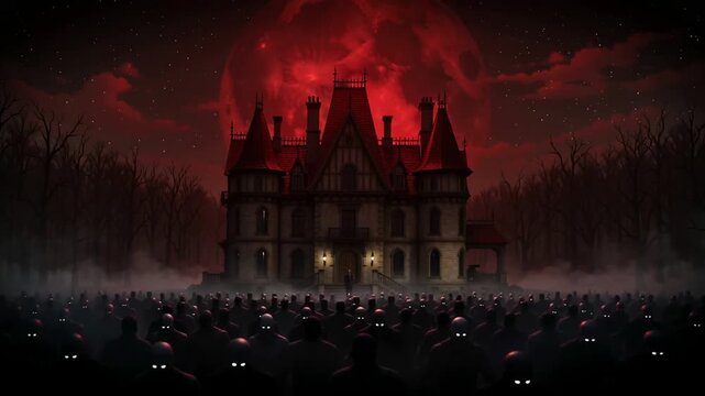 Eerie haunted mansion under a blood moon with a crowd of shadowy figures
