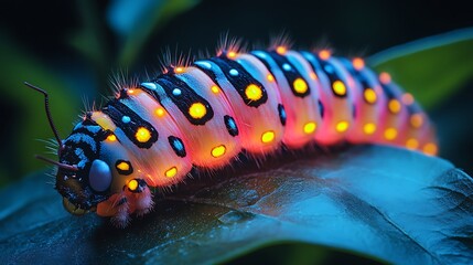 Luminous colorful caterpillar on leaf