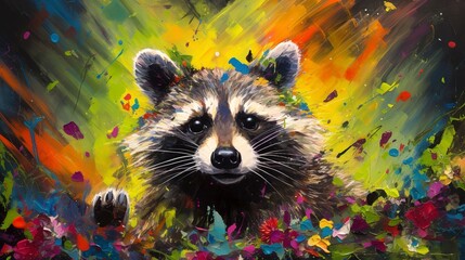 Raccoon neon oil paintings thick brushstrokes