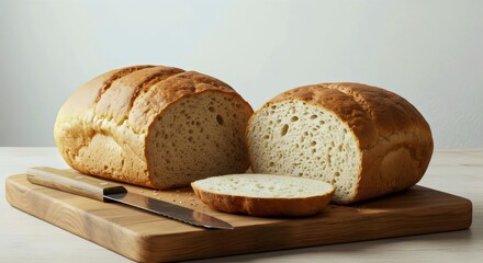 Minimal cozy kitchen with rustic bread on cutting board