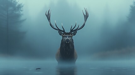 Stag in misty forest water