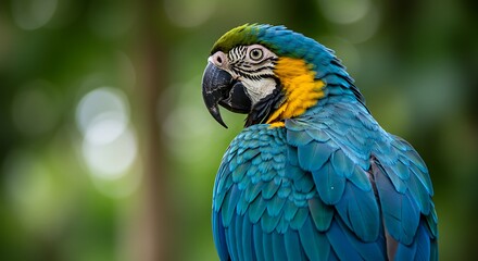 Obraz premium Vibrant blue and yellow macaw parrot portrait against lush greenery