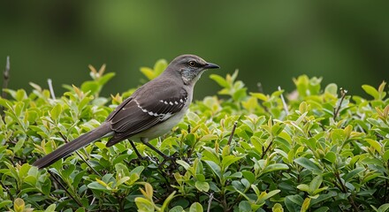 Fototapeta premium Northern mockingbird perched on green foliage in natural habitat